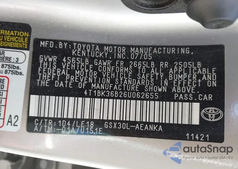 2006 Toyota Avalon Touring из США, поврежденный, VIN 4T1BK36B26U062655